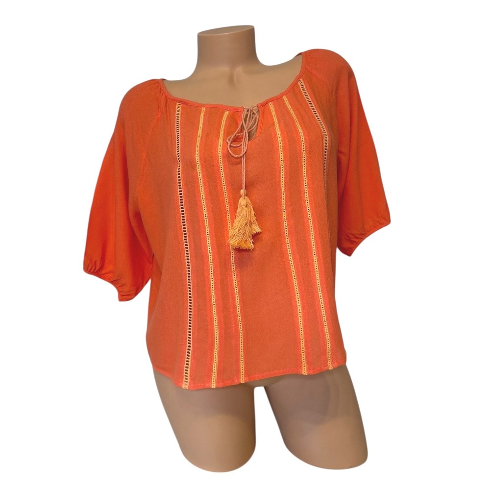 Elodie Women's SMALL Orange Gauze Tassel Tie Neck Boho Blouse Top Short Sleeve